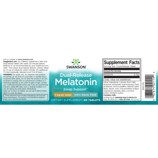 Swanson Melatonin, 3 mg. Dual-Release! 60 tabletter
