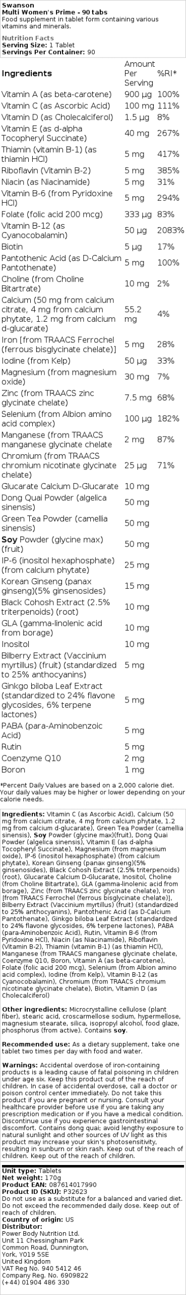 Swanson - Multi för Kvinnor Prime, 90 tabletter - Bild 2
