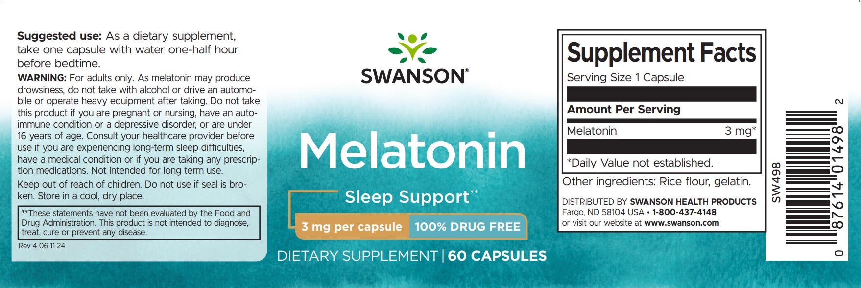 Swanson Melatonin 3 mg - 60 capsules