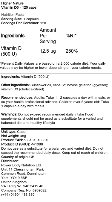Higher Nature - Vitamin D3, 120 kapslar - Bild 2