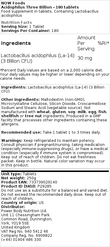 NOW Foods - Acidophilus Tre Miljarder, 180 tabletter - Bild 2