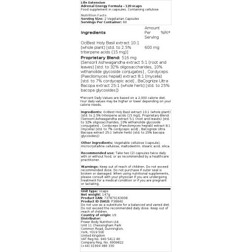 Life Extension - Adrenal Energy Formula, 60 kapslar - Bild 2