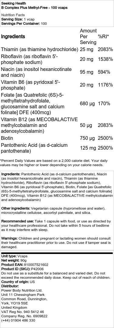 Seeking Health - B-komplex Plus Metylfri, 100 kapslar - Bild 2