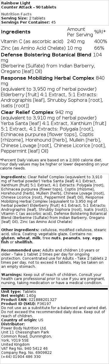 Rainbow Light - Counter Attack, 90 tabletter - Bild 2