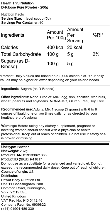 Health Thru Nutrition - D-Ribose Rent Pulver, 200g - Bild 2