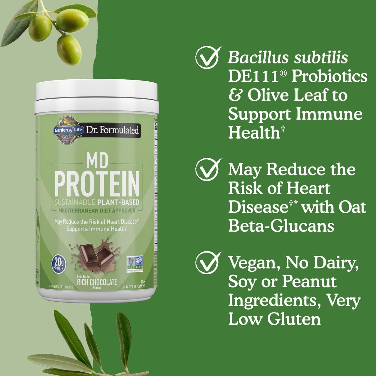 Garden of Life - Dr. Formulated MD Protein Hållbart Växtbaserat Pulver, Rik Choklad - 882g - Bild 4