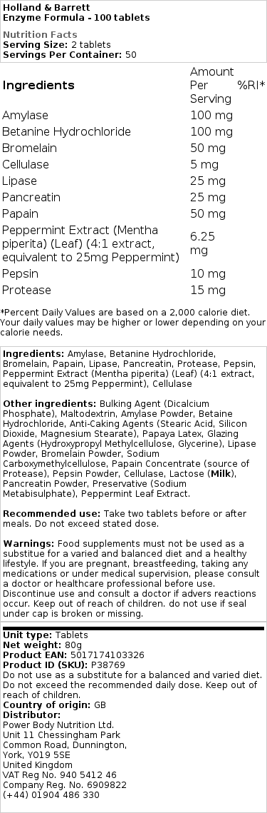 Holland & Barrett - Enzymformel, 100 tabletter - Bild 2