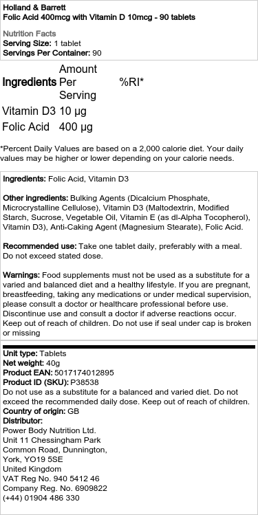 Holland & Barrett - Folinsyra 400 mcg med D-vitamin 10 mcg, 90 tabletter - Bild 2