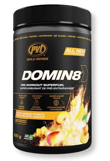PVL Essentials - Gold Series Domin8, Persika Mango Punch - 520g | Före och efter träningHälsokostFitness och träning | Apoteka