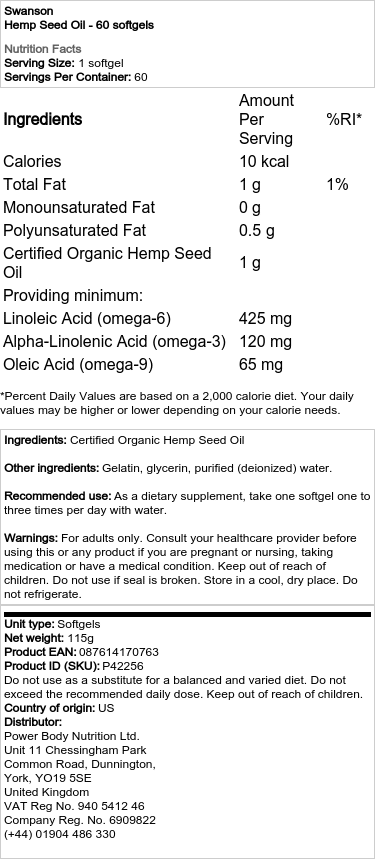 Swanson - Hampfröolja, 60 mjukkapslar - Bild 2