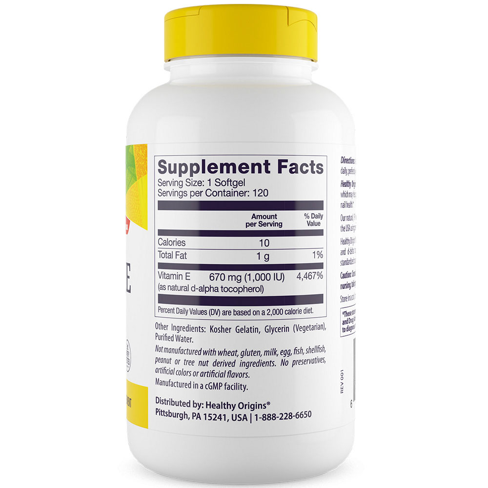 Healthy Origins - Naturligt Vitamin E, 1000 IU, 120 mjukkapslar - Bild 3