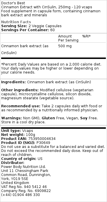 Doctor's Best - CinSulin Kanelekstrakt, 250 mg - 120 vcaps - Bild 3