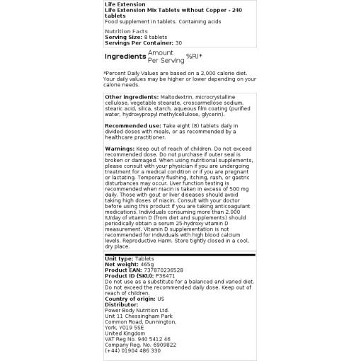 Life Extension Mix Tabletter utan koppar – Komplett multivitaminformel, 240 tabletter - Bild 2