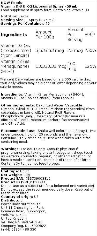 NOW Foods - Liposomal D3- och K2-vitaminspray, 59 ml - Bild 2