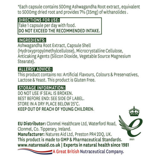 Natures Aid Ashwagandha – Traditionell Ayurvedisk Ört (30 Kapslar) - Bild 2