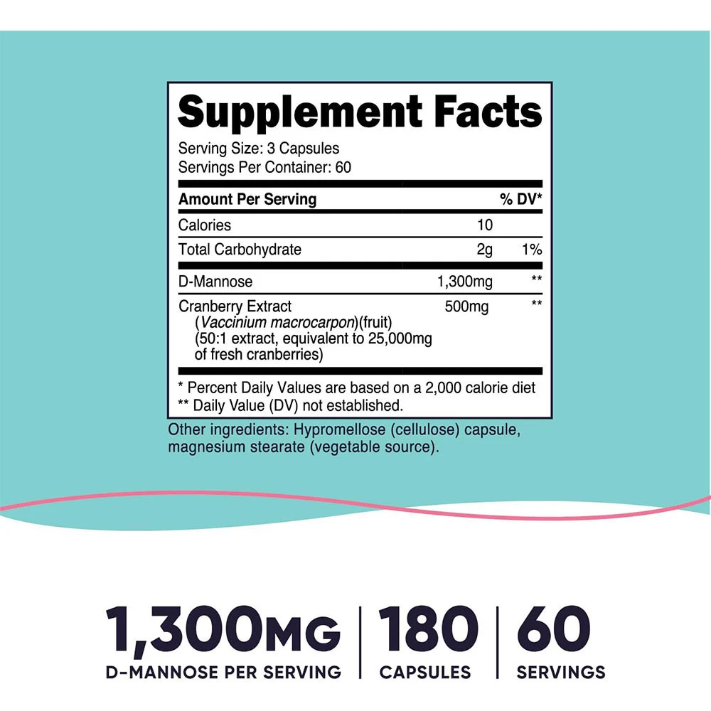 Nutricost - D-Mannose med Tranbärsextrakt för Kvinnor, 1300 mg (180 Kapslar) - Bild 2