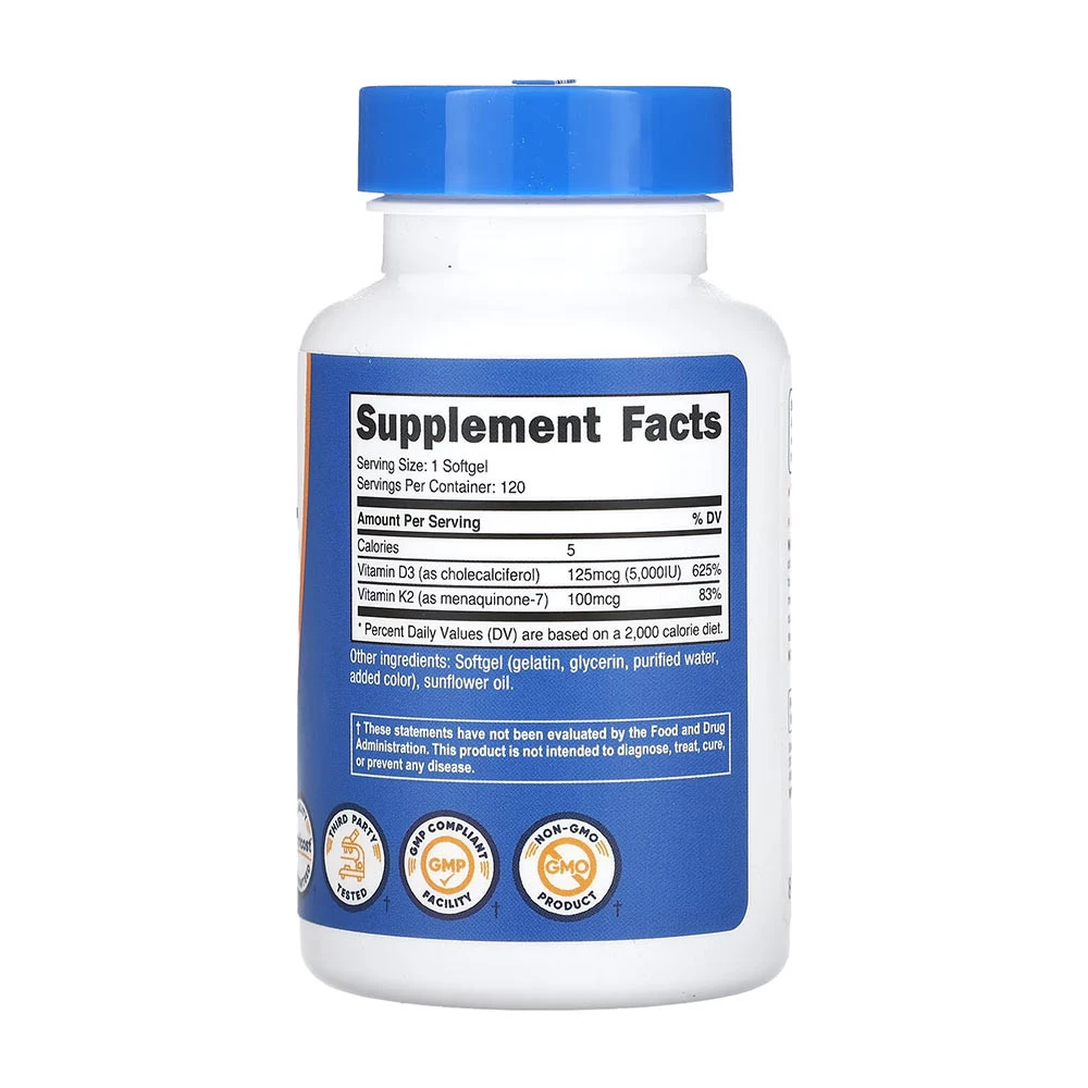 Nutricost - Vitamin K2 (MK7) 100 mcg + Vitamin D3 5000 IU, 120 Mjukkapslar - Bild 2