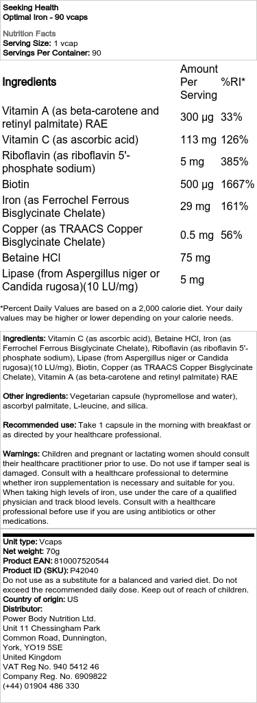 Seeking Health - Optimalt Järn, 90 veganska kapslar - Bild 2
