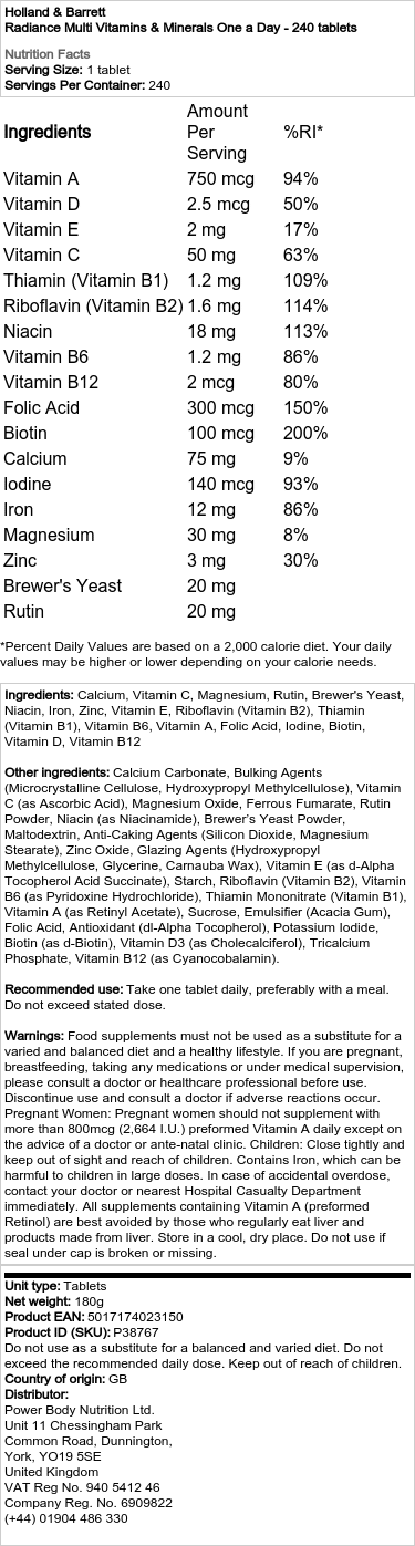 Holland & Barrett - Radiance Multi Vitaminer & Mineraler, En om Dagen, 240 tabletter - Bild 2