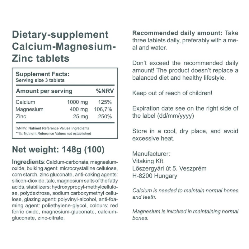 Vitaking - CalMag-Zinc, Kalcium + Magnesium + Zink, 100 tabletter - Bild 3