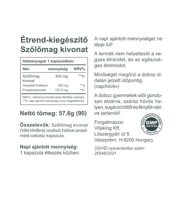 Vitaking - Extrakt av Druvkärnor, 400 mg, 90 Vegkapslar - Bild 2