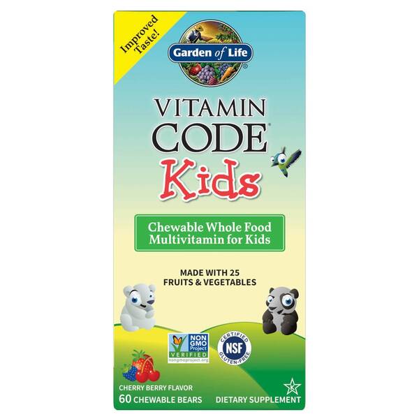 Garden of Life - Vitamin Code Kids, Tuggbara Hela Mat-Multivitaminer för Barn, Körsbär &amp; Bär - 60 tuggtabletter | Vitaminer och mineralerHälsa och välbefinnandeMultivitaminerHälsokostBørns sundhedNordisk vitalitet | Apoteka