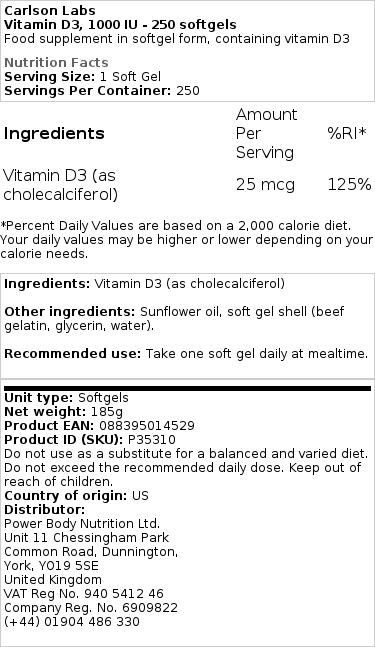 Carlson Labs - Vitamin D3, 4000 IE - Bild 2