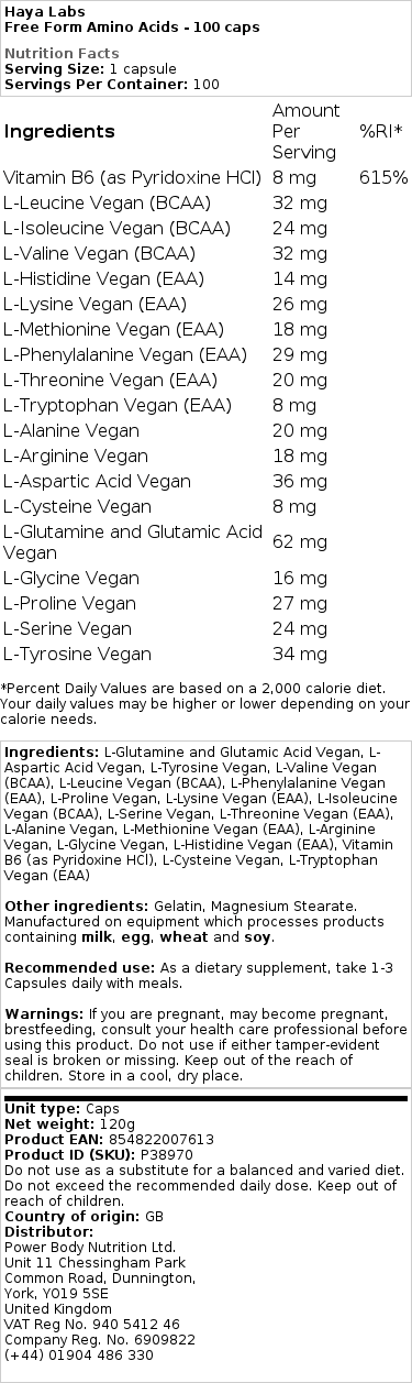 Haya Labs - Fria Form Aminosyror, 100 kapslar - Bild 2