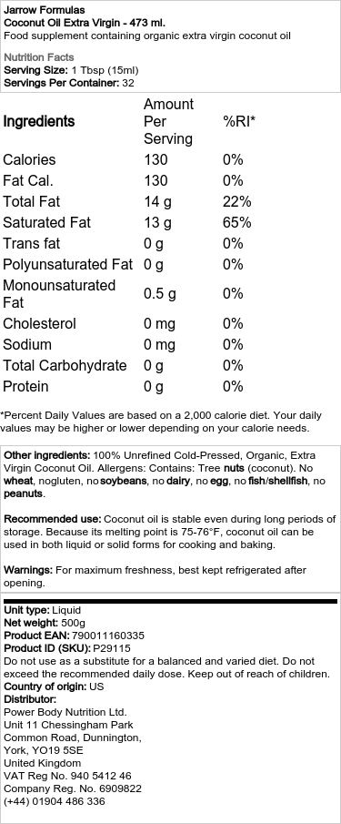Jarrow Formulas - Extra Jungfru Kokosolja - Bild 2