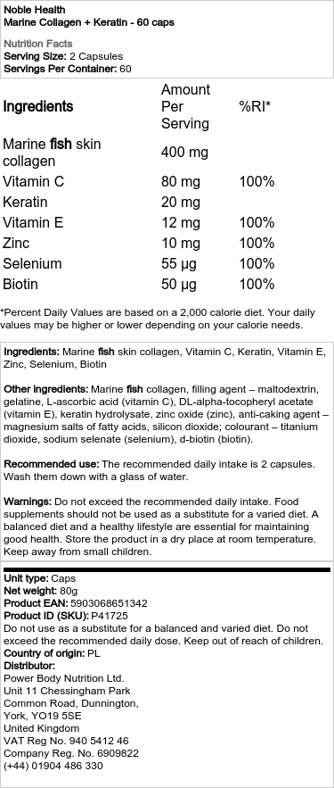 Noble Health - Marin Kollagen + Keratin, 60 kapslar - Bild 2