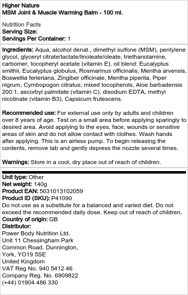 Higher Nature - MSM Värmende Balsam för Leder och Muskler, 100 ml - Bild 2