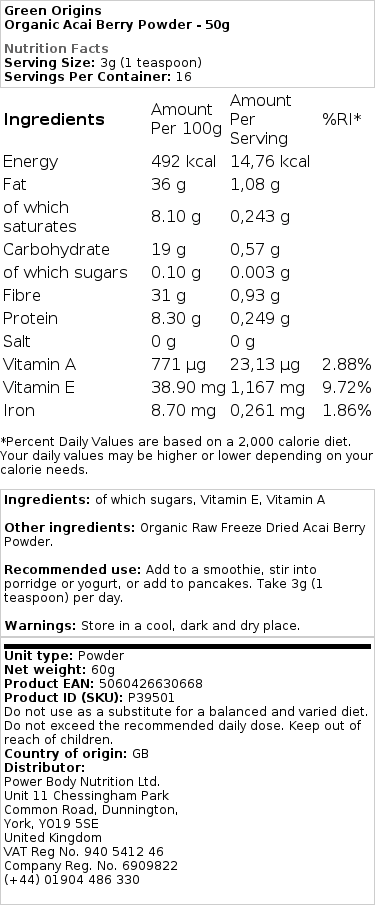 Green Origins - Ekologiskt Acaibärspulver, Storlek - Bild 2