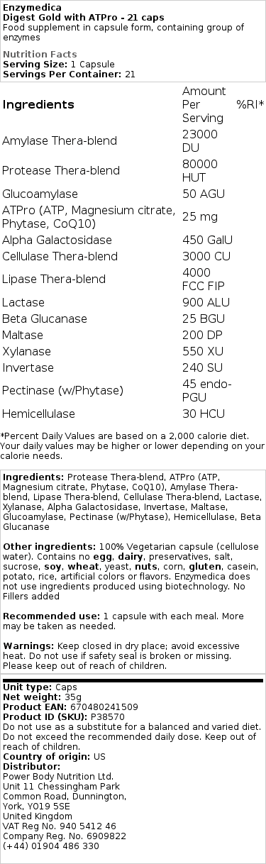 Enzymedica - Digest Gold med ATPro, 21 kapslar - Bild 2