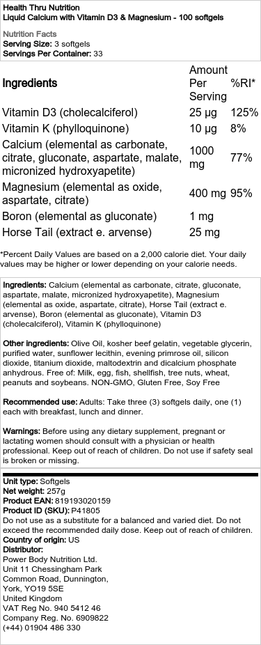 Health Thru Nutrition - Flytande Kalcium med D3-Vitamin och Magnesium, 100 softgels - Bild 2