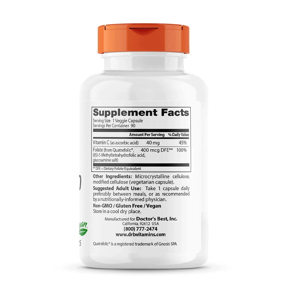 Doctor's Best - Fullt Aktivt Folate 400 med Quatrefolic, 400 mcg - 90 vegkapslar - Bild 4