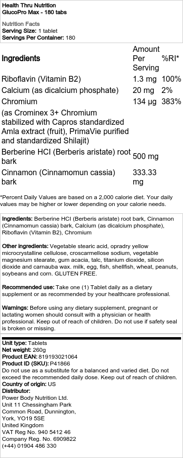 Health Thru Nutrition - GlucoPro Max, 180 tabletter - Bild 2