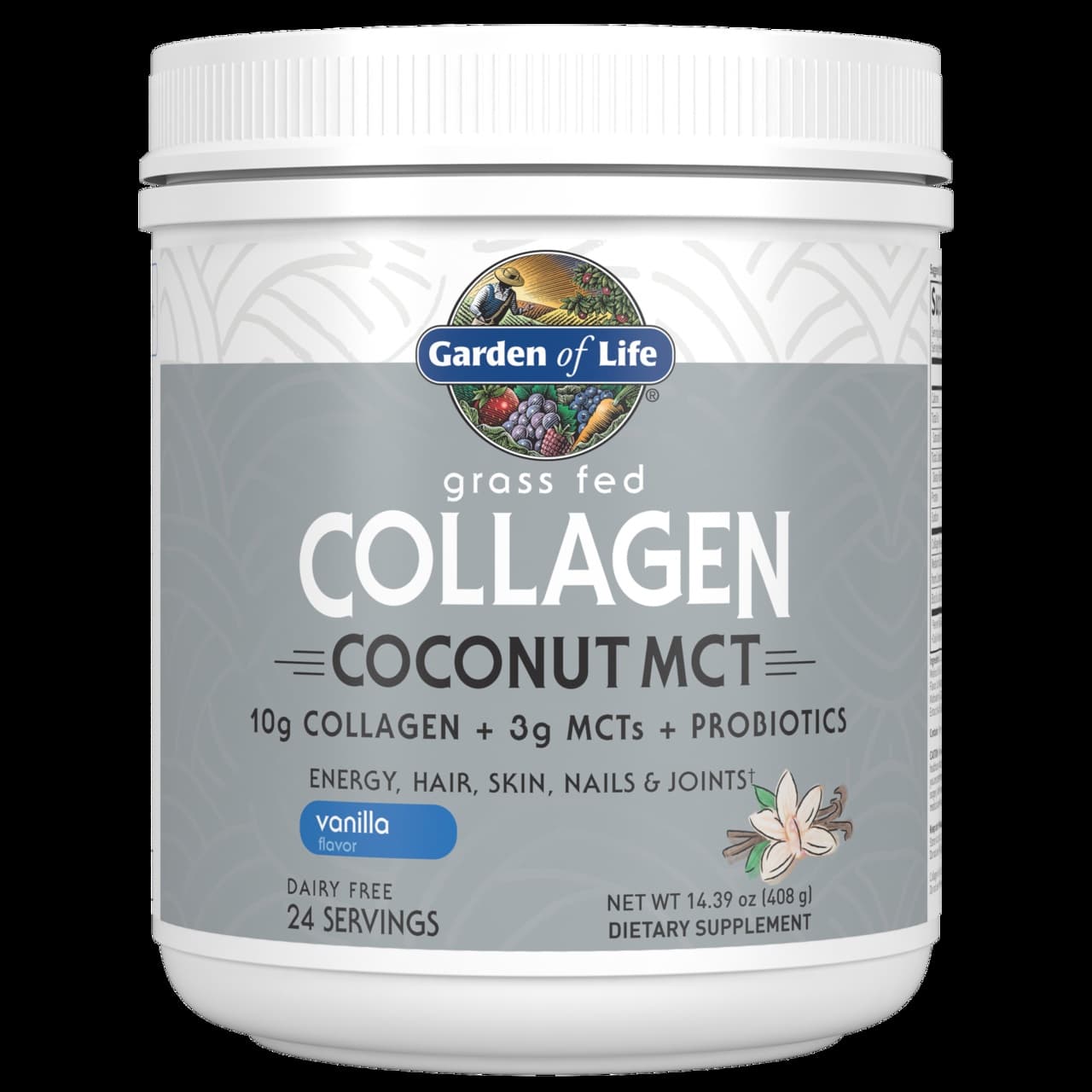 Garden of Life - Gräsfodrat Kollagen med Kokosnöts-MCT och Vanilj, 408 g pulver | Hälsa och välbefinnandeFöre och efter träningHälsokostKollagenGainers och kolhydraterKolhydrattillskottMCT-oljaFitness och träningStöd för ledernaFräsch hudNordisk vitalitet | Apoteka
