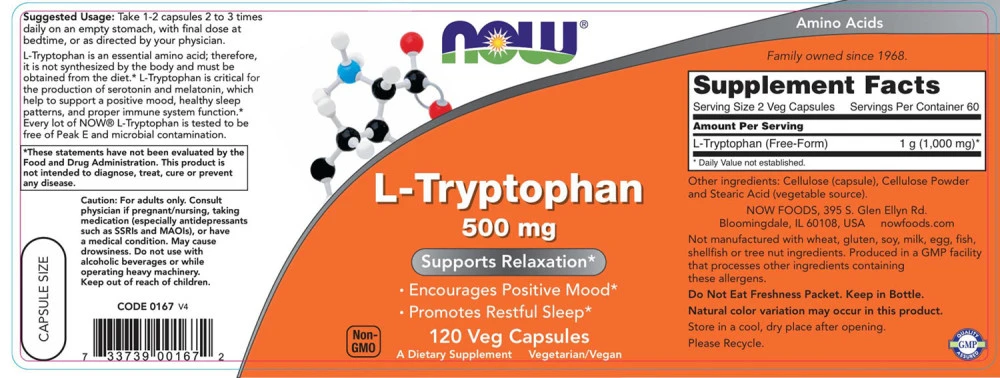 NOW - L-Tryptofan, 500 mg - 120 vegetabiliska kapslar - Bild 4