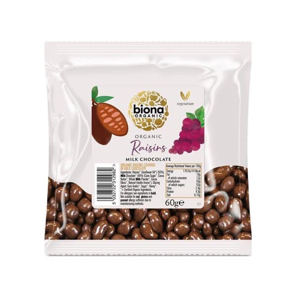 Biona Organic - Mjölkchokladöverdragna russin, 60g | Hälsokost | Apoteka