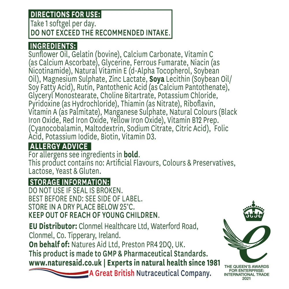 Natures Aid - Multi-Vitaminer & Mineraler med Järn, 90 Mjukkapslar - Bild 4