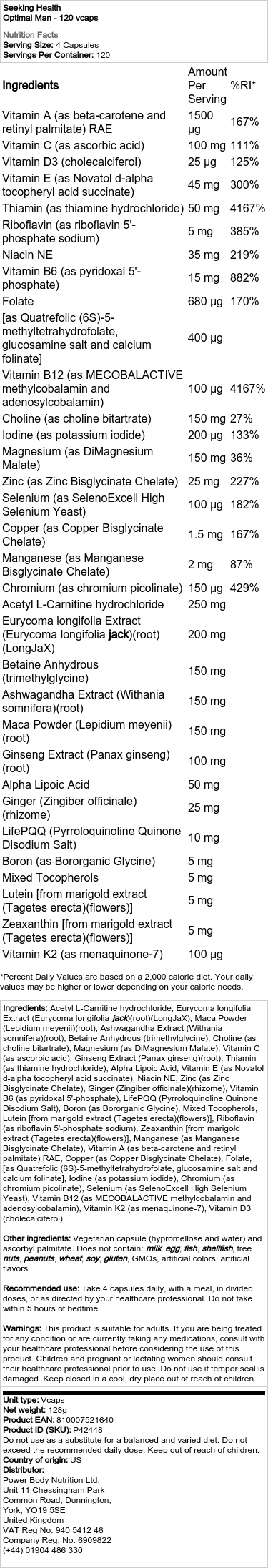 Seeking Health - Optimal Man, 120 vegetabiliska kapslar - Bild 3