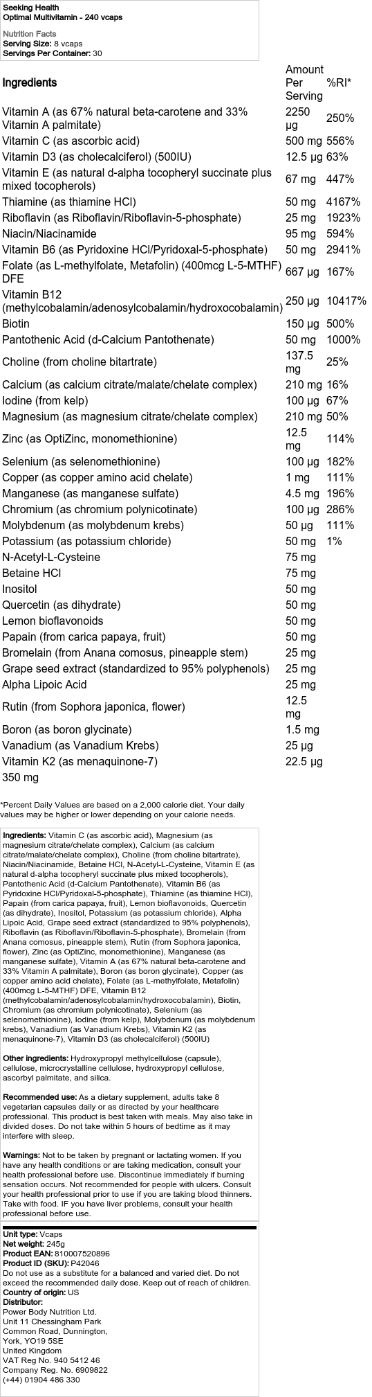 Seeking Health - Optimal Multivitamin, 240 kapslar - Bild 2
