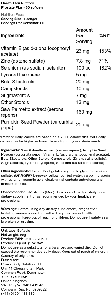 Health Thru Nutrition - Prostate Plus, 60 mjukkapslar - Bild 2
