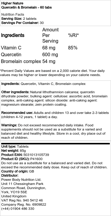 Higher Nature - Quercetin & Bromelain, 60 tabletter - Bild 2