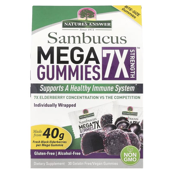 Natures Answer - Sambucus Mega Gummies 7X Strength, Svart Fläderbär - 30 veganska gummibjörnar | Vitaminer och MineralerVeganska produkterHälsa och välbefinnandeHälsokostNordisk vitalitet | Apoteka
