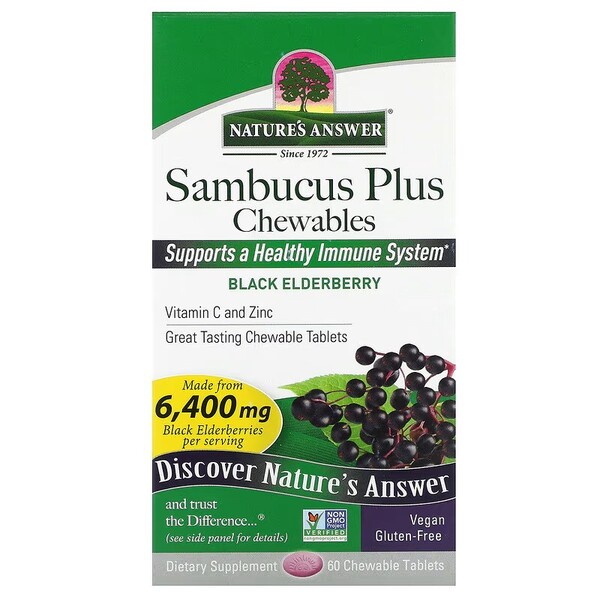 Natures Answer - Sambucus Plus Tuggtabletter, Svart Fläder - 60 tuggtabletter | Vitaminer och MineralerVeganska produkterHälsa och välbefinnandeÖrttillskottHälsokostÖrter och växtbaserade preparat | Apoteka