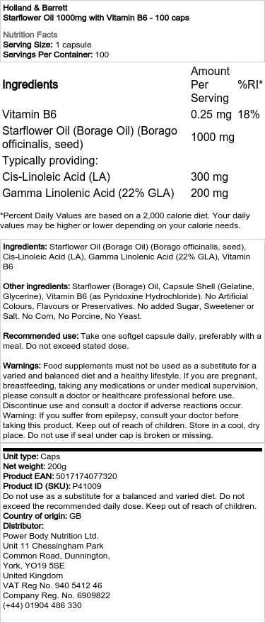 Holland & Barrett - Stjärnblommaolja 1000 mg med vitamin B6, 100 kapslar - Bild 2