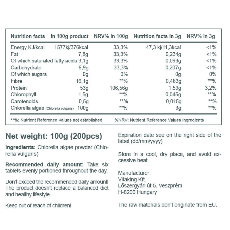 Vitaking - Chlorella Blågrönalg, 500 mg (200 tabletter) - Bild 3
