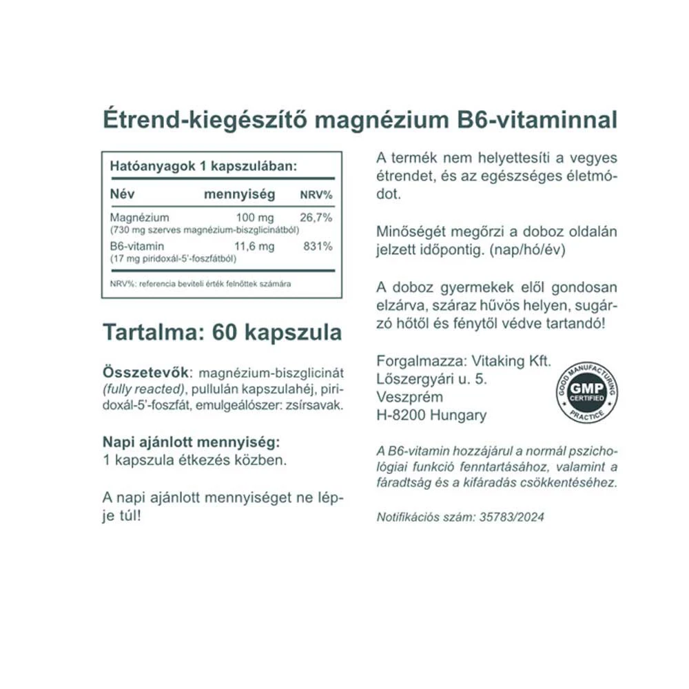 Vitaking - Magnesium Bisglycinat + Vitamin B6 (P5P), 60 kapslar - Bild 2