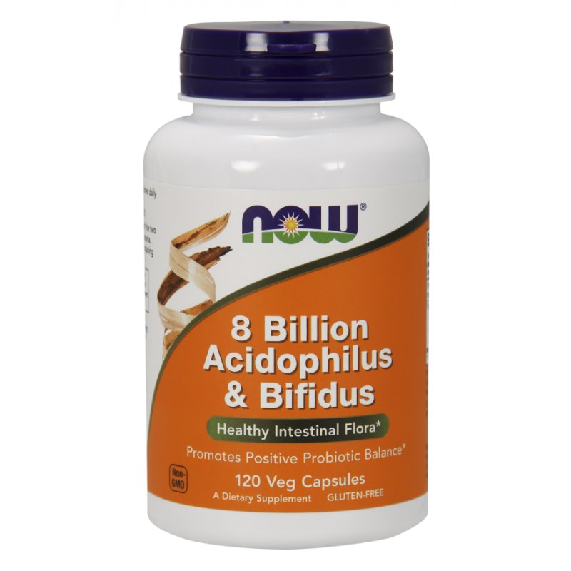 NOW Foods - Acidophilus &amp; Bifidus, 8 miljarder, 120 kapslar | Vitaminer och MineralerVeganska produkterHälsa och välbefinnandeHälsokostAcidophilus – Mjölksyrabakterier för Mage & Tarmflora | Apoteka